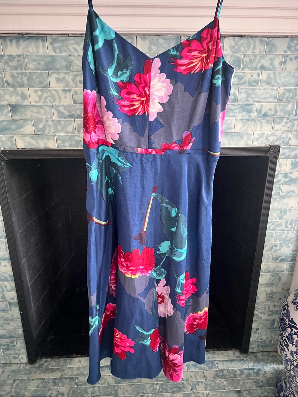Banana Republic Navy Floral Slip Dress with Pink & Teal Blooms